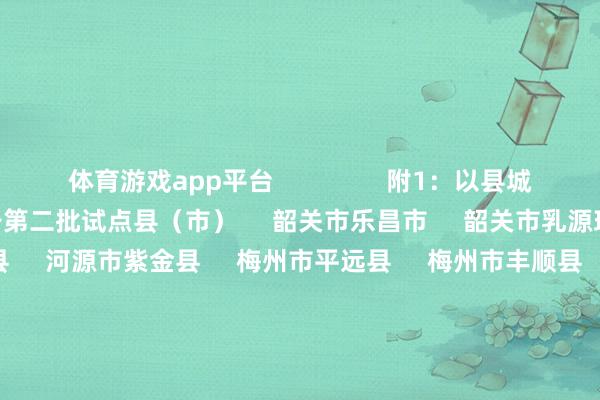 体育游戏app平台                附1：以县城为进犯载体的新式城镇化设备第二批试点县（市）     韶关市乐昌市     韶关市乳源瑶族自治县     河源市龙川县     河源市紫金县     梅州市平远县     梅州市丰顺县     惠州市惠东县     惠州市博罗县     汕尾市陆丰市     汕尾市陆河县     江门市开平市     江门市鹤山市     阳江市阳春市     湛江市雷州市     湛江市遂溪县     茂名市化州市     肇庆市德庆县     清远英德市     清远市佛冈县     揭阳市普宁市     揭阳市揭西县     云浮市罗定市          附2：以县城为进犯载体的新式城镇化设备首批试点县（市）     韶关南雄市     河源东源县     梅州蕉岭县     惠州龙门县     汕尾海丰县     江门台山市     阳江阳西县     湛江廉江市     茂名信宜市     茂名高州市     肇庆四会市     清远连州市     潮州饶平县     揭阳惠来县     云浮新兴县          -开云平台网站皇马赞助商| 开云平台官方ac米兰赞助商 最新官网入口